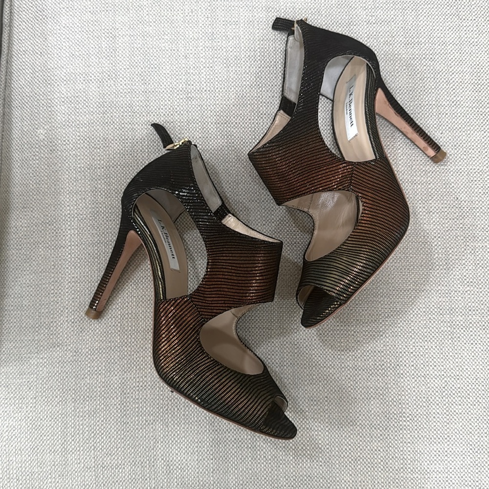 LK Bennett Black and Gold Open Toe Heels with Asymmetrical Strap